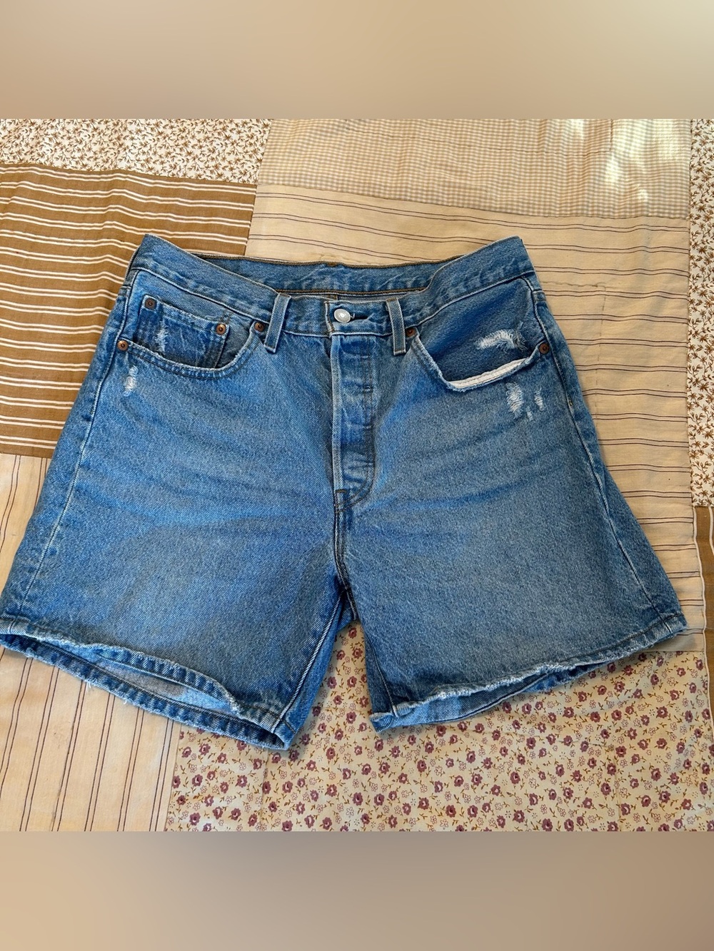 Levi's Blue High-Rise Distressed Denim Shorts
